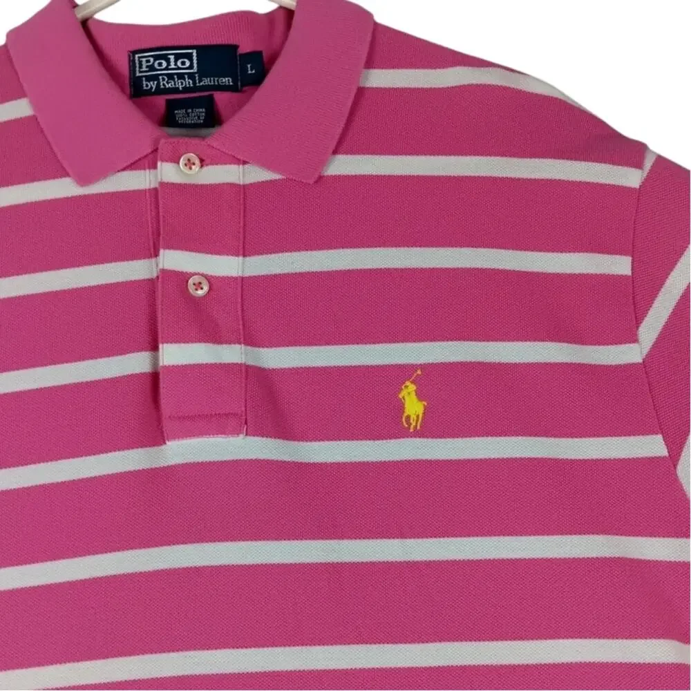 Polo Ralph Lauren Vintage‎ Knit Polo Men's Large Pink/White Striped Pony Preppy